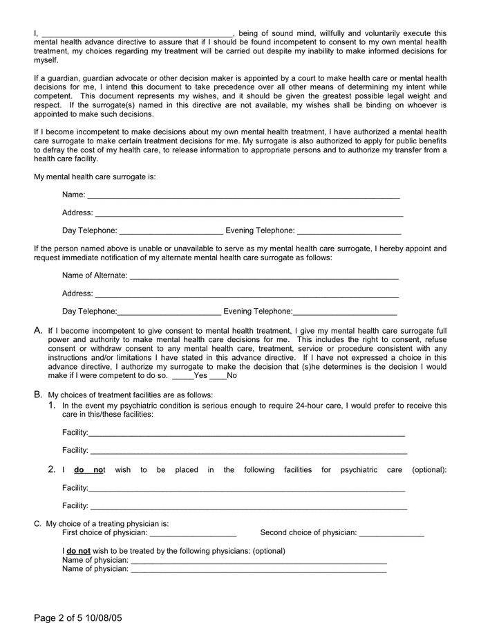 Mental Health Advance Directive in Word and Pdf formats page 2 of 5