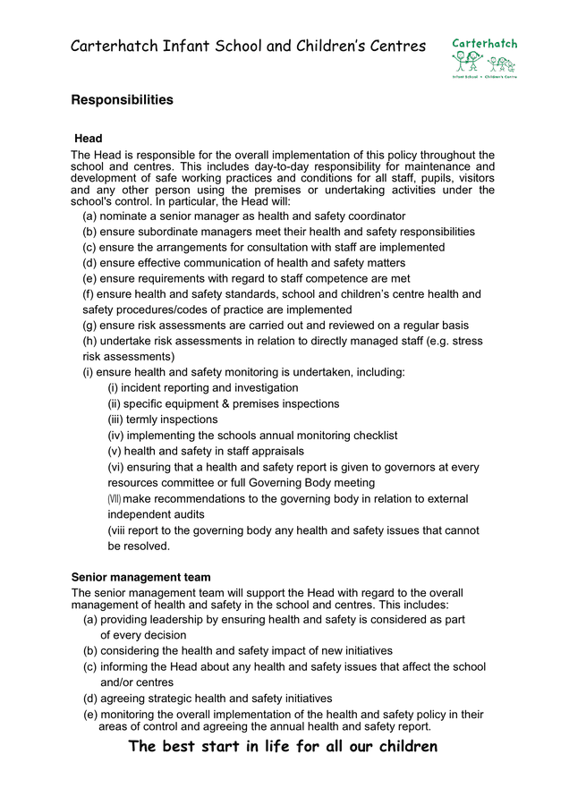 School Health and Safety Policy in Word and Pdf formats page 2 of 9
