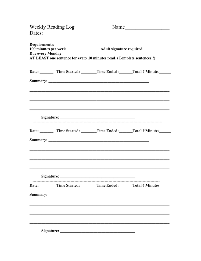 Weekly Reading Log In Word And Pdf Formats