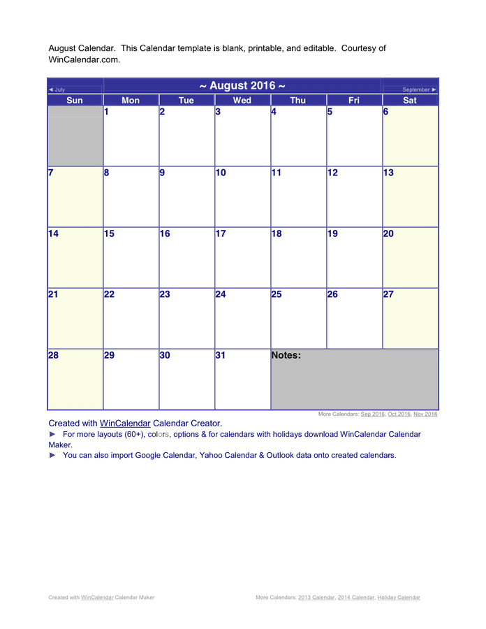 August 16 Calendar In Word And Pdf Formats