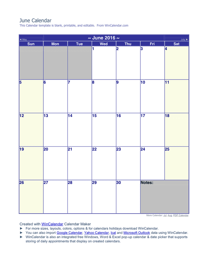 June 16 Calendar In Word And Pdf Formats