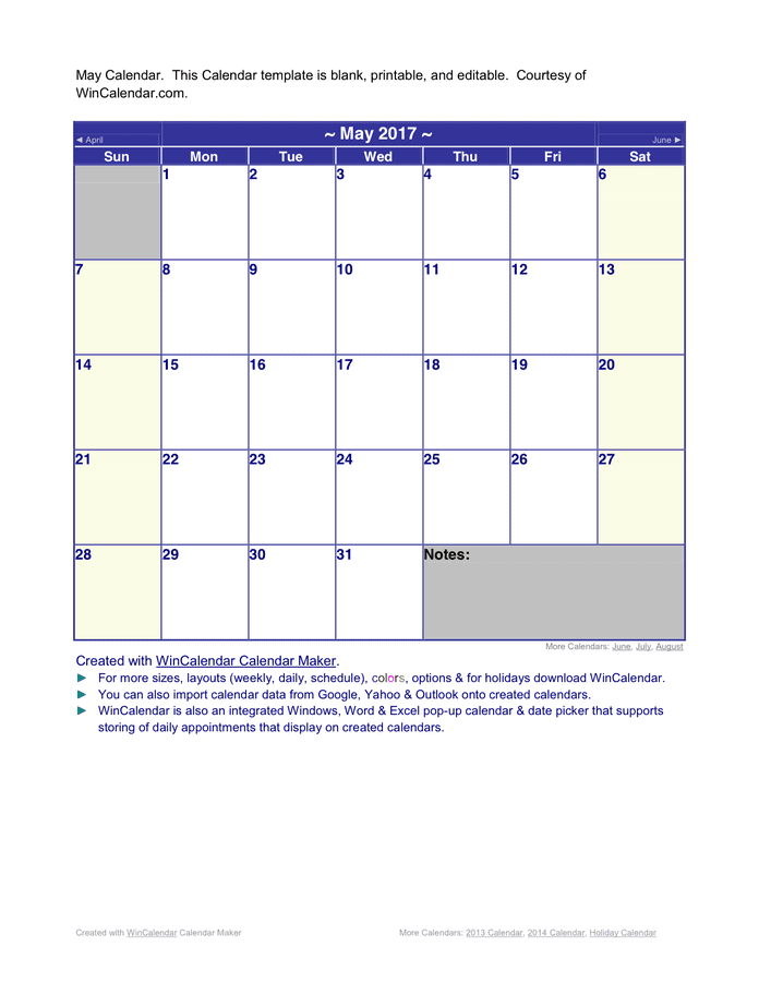 May 2017 Calendar In Word And Pdf Formats