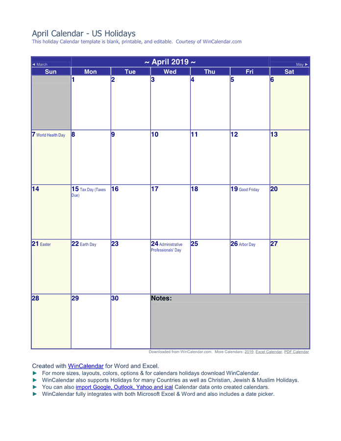 April 2019 Calendar in Word and Pdf formats