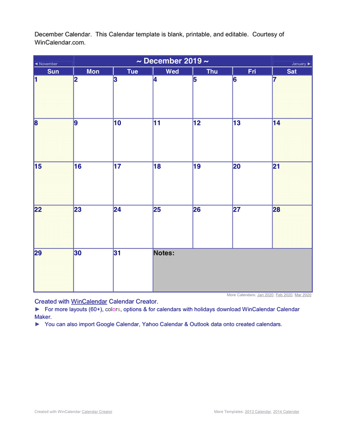 December 2019 Calendar in Word and Pdf formats