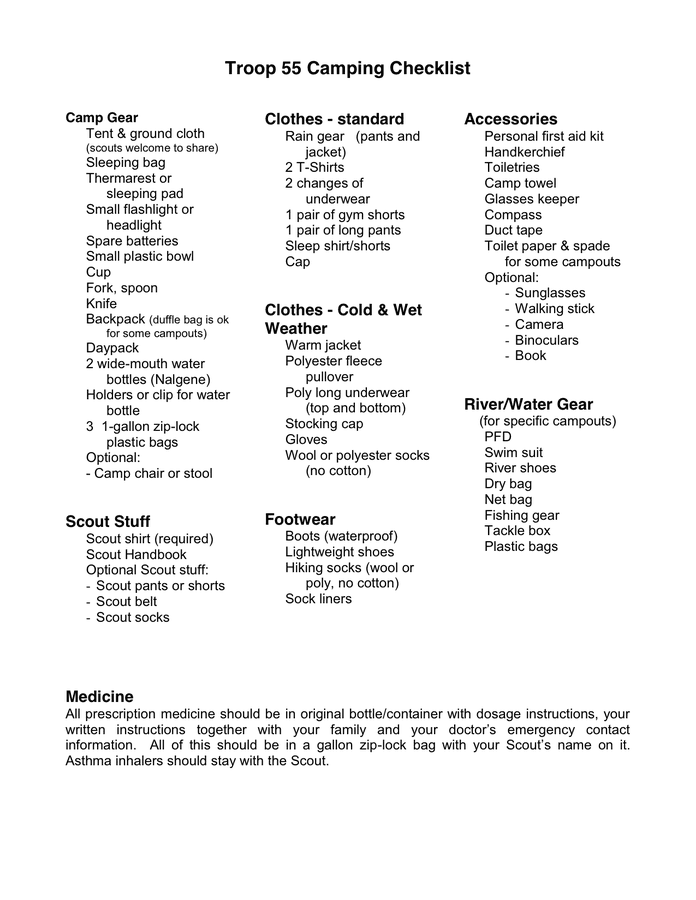 Camping Checklist Sample in Word and Pdf formats