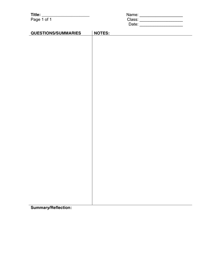 Cornell Notes Template for Word in Word and Pdf formats