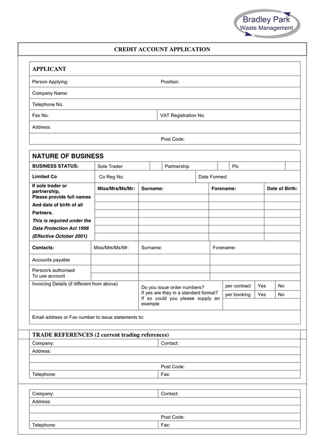 CREDIT APPLICATION Word Form In Word And Pdf Formats