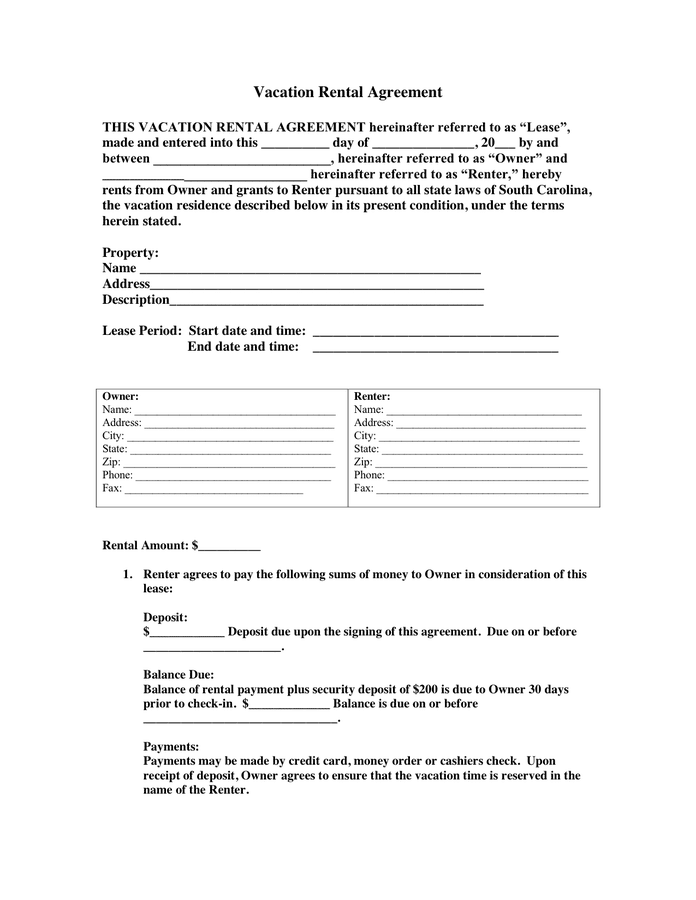 Vacation Rental Agreement Template download free documents for PDF
