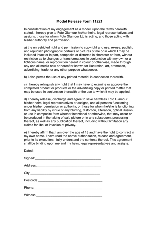 Model Release Form in Word and Pdf formats