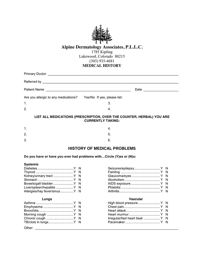 Medical History Form in Word and Pdf formats