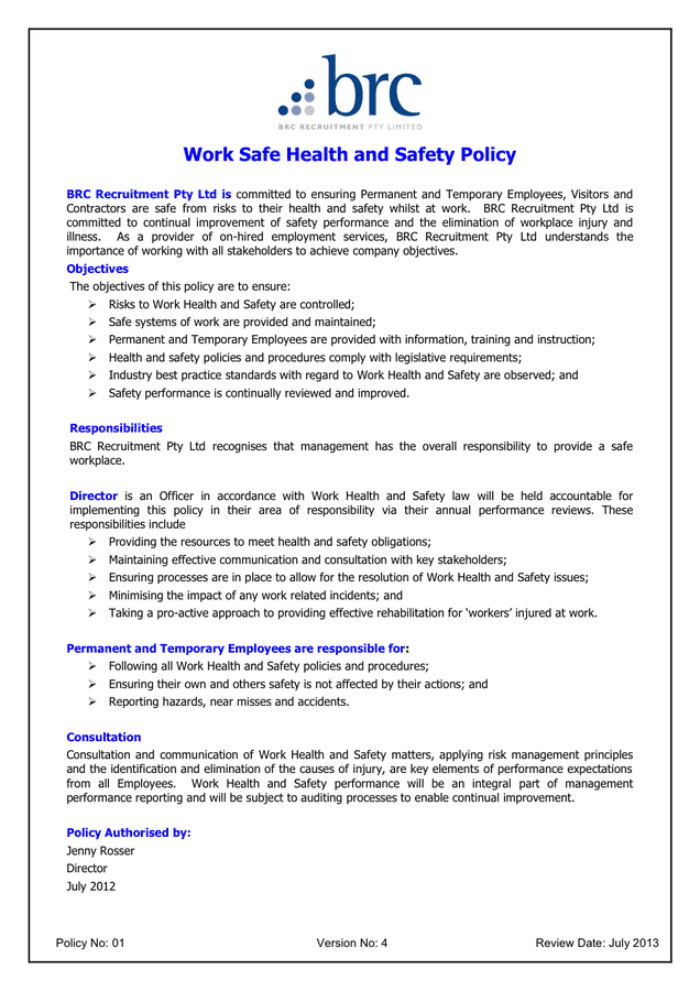 HEALTH AND SAFETY POLICY Template in Word and Pdf formats