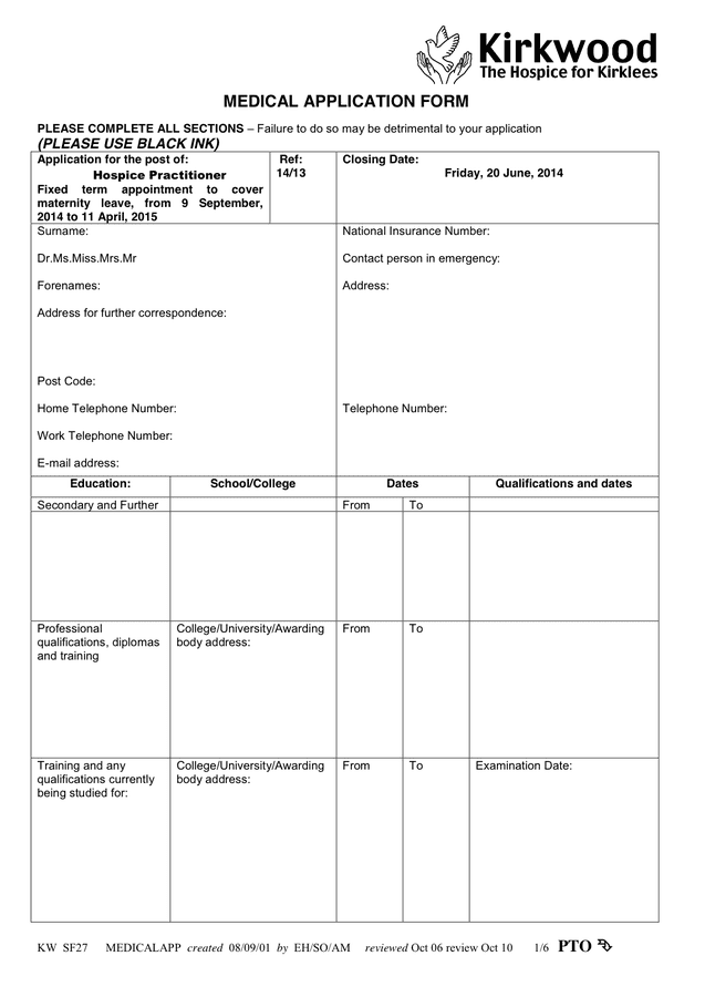 Medical Application Form In Word And Pdf Formats