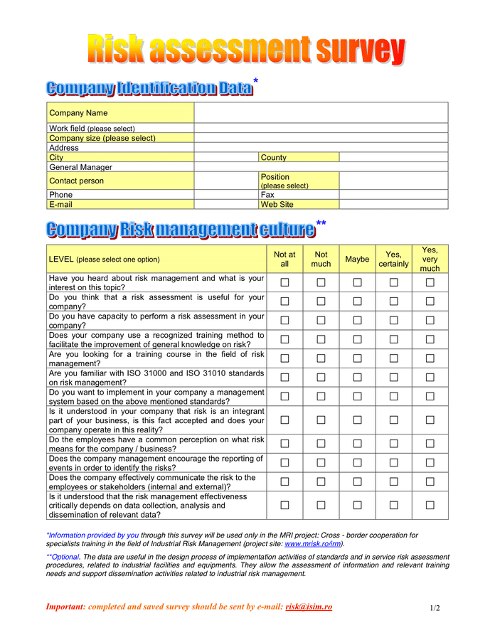 Risk Assessment Survey Sample In Word And Pdf Formats 0898