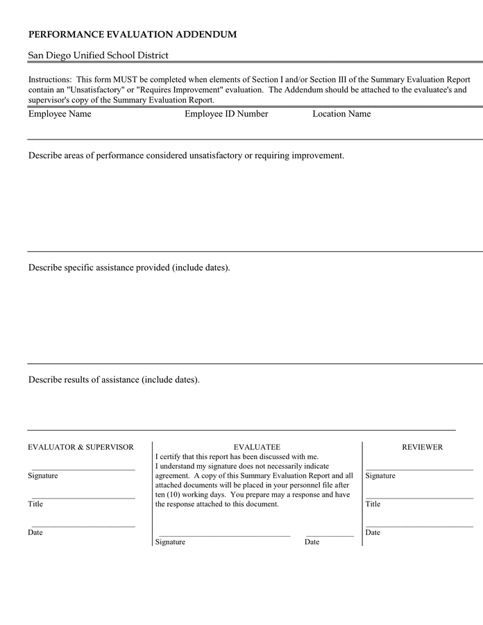 PERFORMANCE EVALUATION ADDENDUM in Word and Pdf formats
