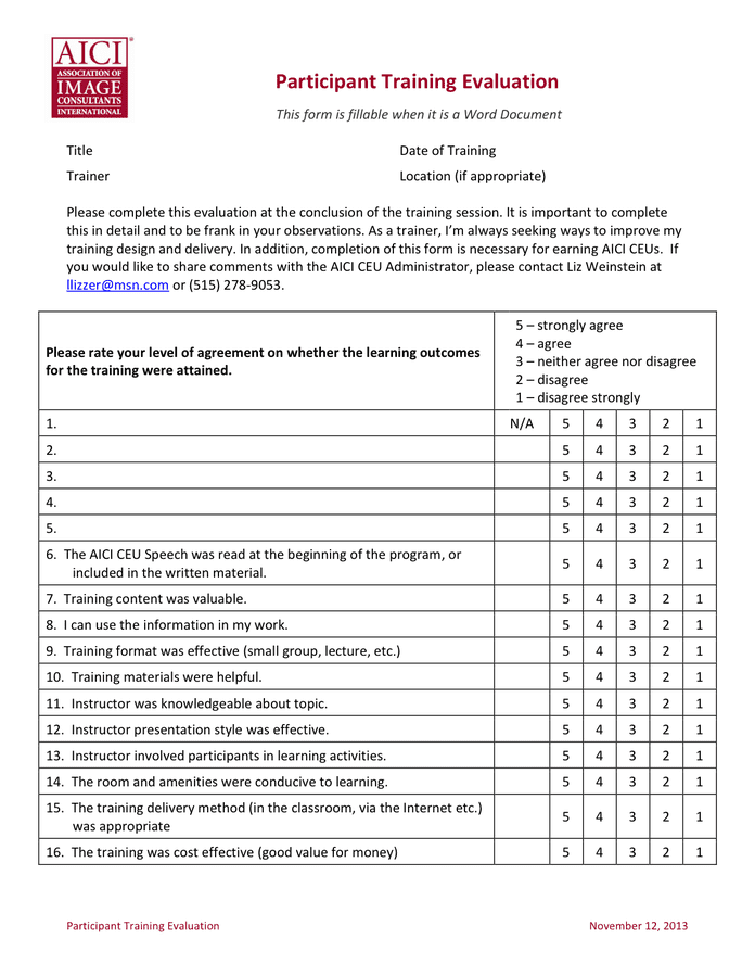 Sample Training Evaluation Forms Pdf Sample Templates Vrogue