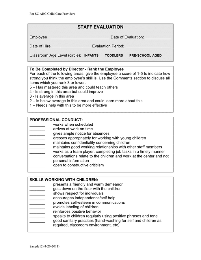 CHILD CARE EMPLOYEE EVALUATION in Word and Pdf formats