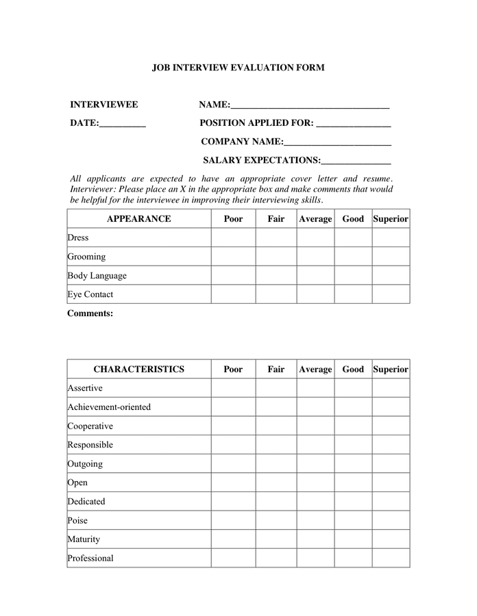 Job interview evaluation form sample