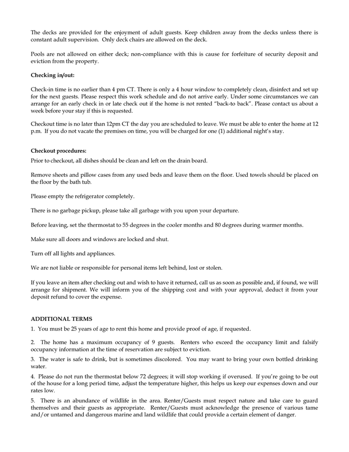 VACATION RENTAL AGREEMENT in Word and Pdf formats page 3