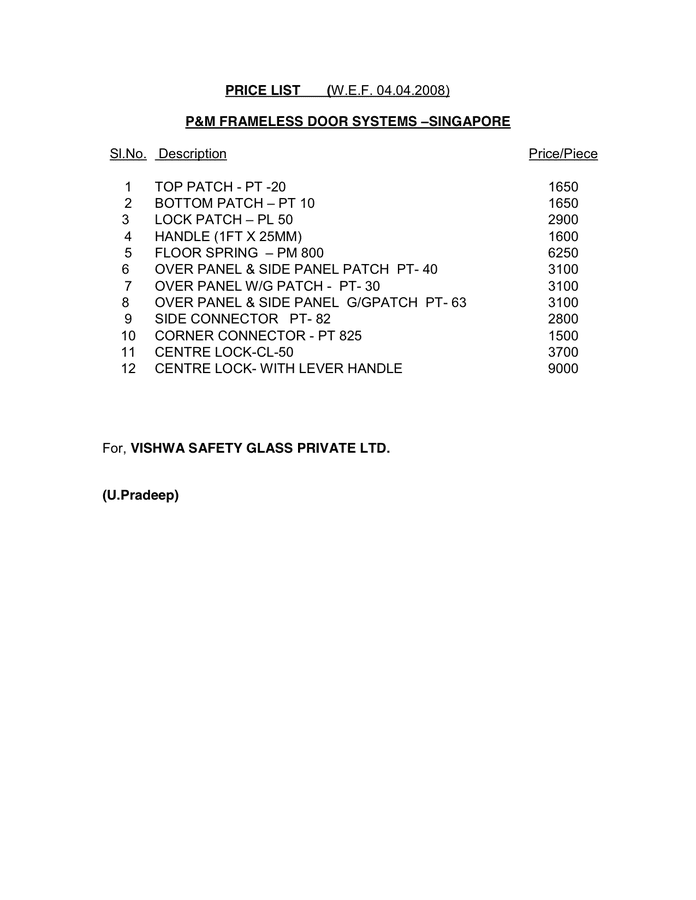 Price List In Word And Pdf Formats