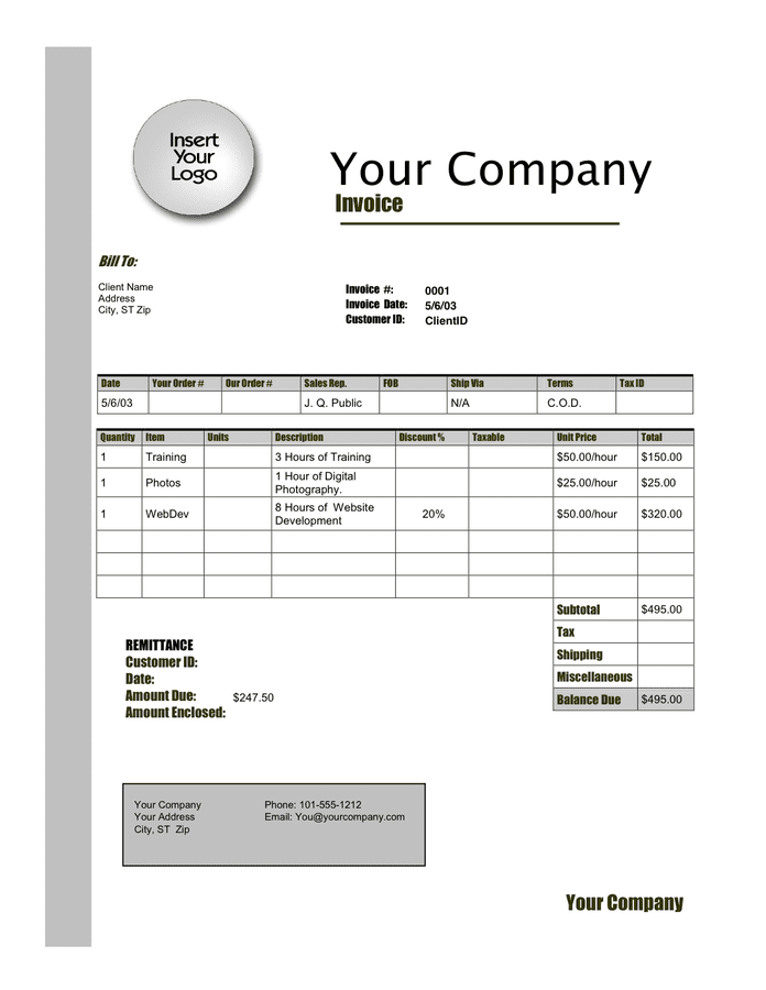 Invoice sample in Word and Pdf formats