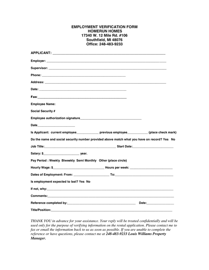 Printable Downloadable Employment Verification Form