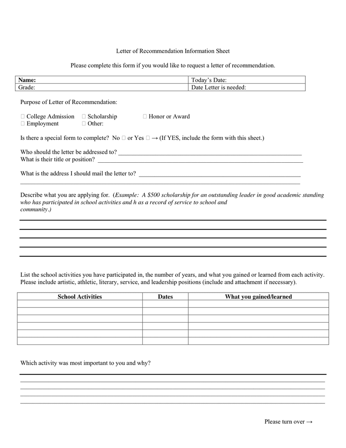 Letter of Recommendation Information Sheet in Word and Pdf ...