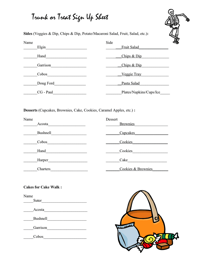 Trunk or Treat Sign Up Sheet in Word and Pdf formats
