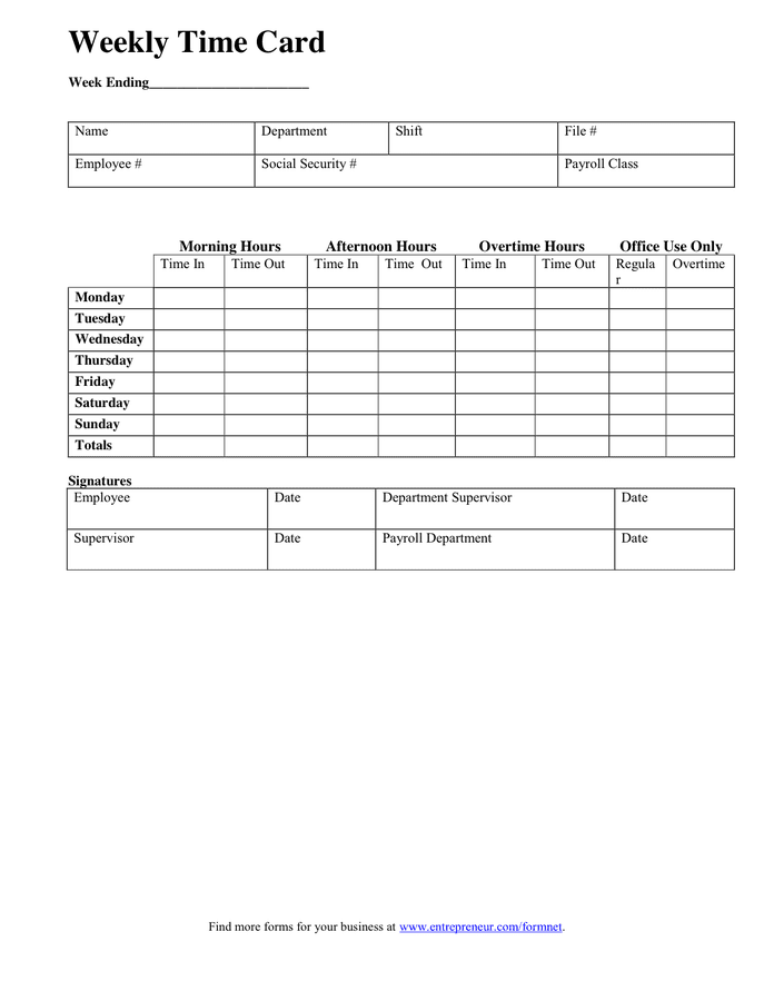 WEEKLY TIME CARD Template in Word and Pdf formats