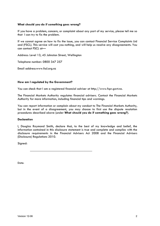 Financial Adviser Disclosure Statement in Word and Pdf formats page 2 of 3
