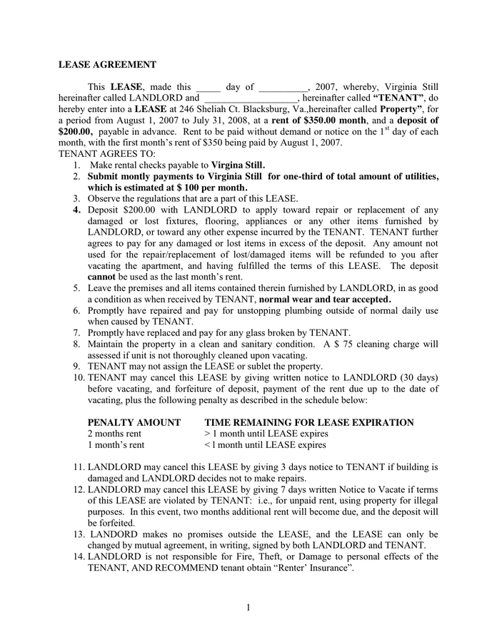 LEASE AGREEMENT in Word and Pdf formats