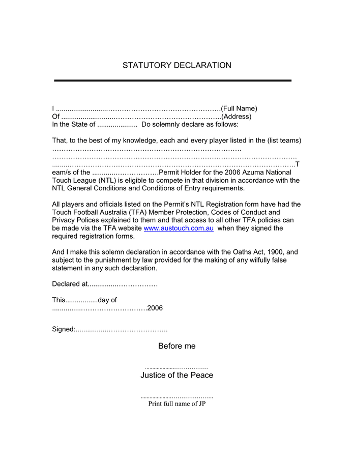 Statement Of Declaration Template certify letter