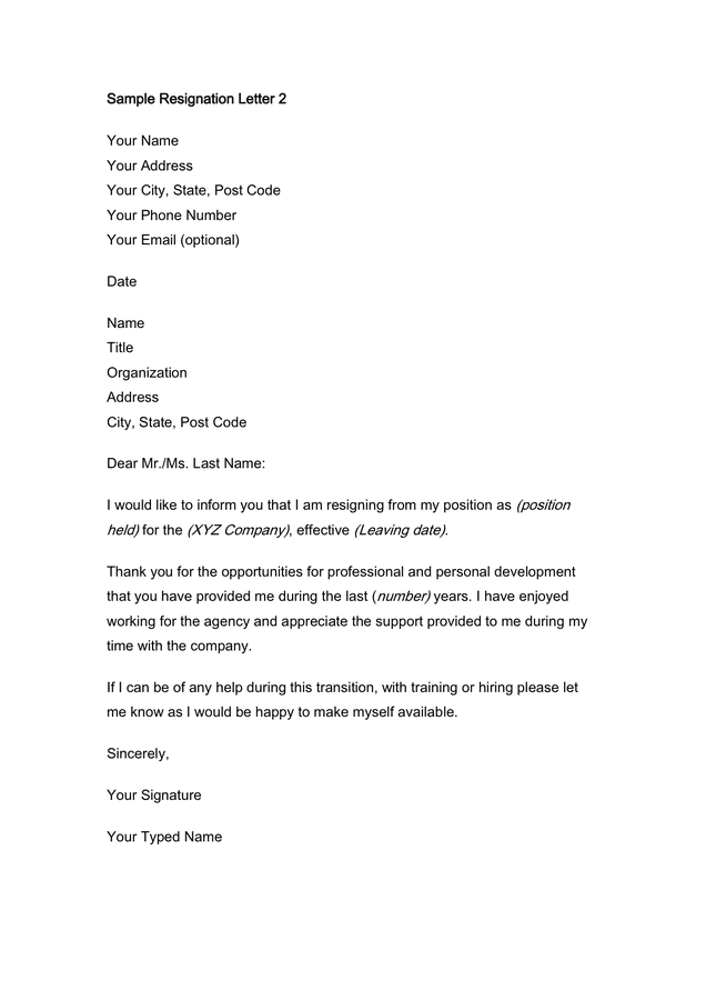 Resignation Letter Two in Word and Pdf formats