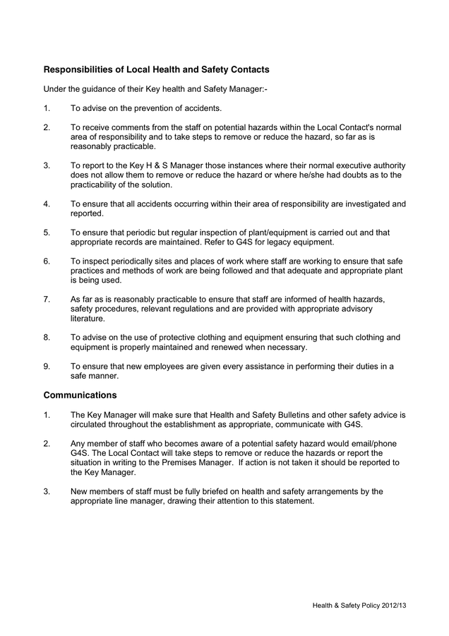 School HEALTH AND SAFETY POLICY in Word and Pdf formats page 4 of 9