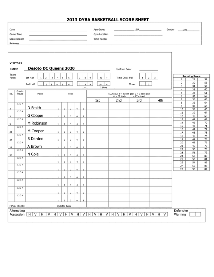 BASKETBALL SCORE SHEET in Word and Pdf formats page 6 of 6