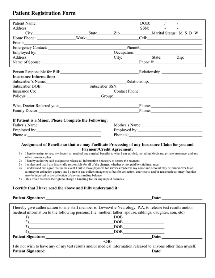 Patient Registration Form in Word and Pdf formats