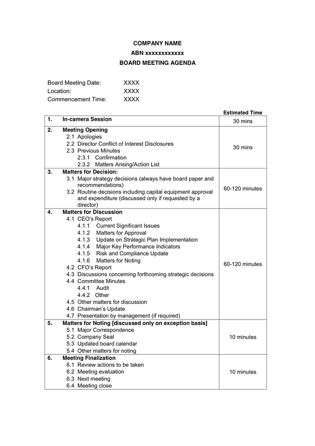 Board Meeting Agenda Template In Word And Pdf Formats Page 2 Of 2