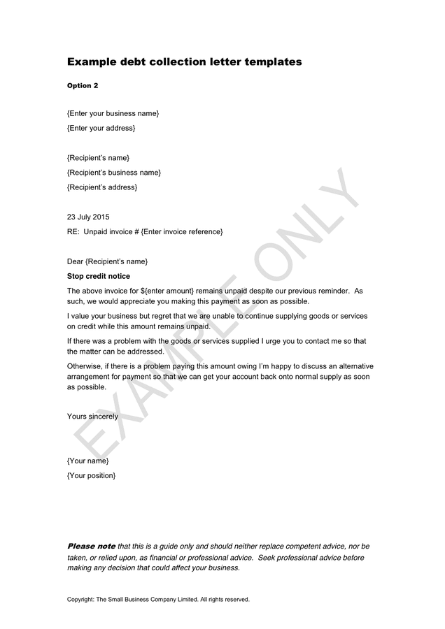 Debt collection cover letter
