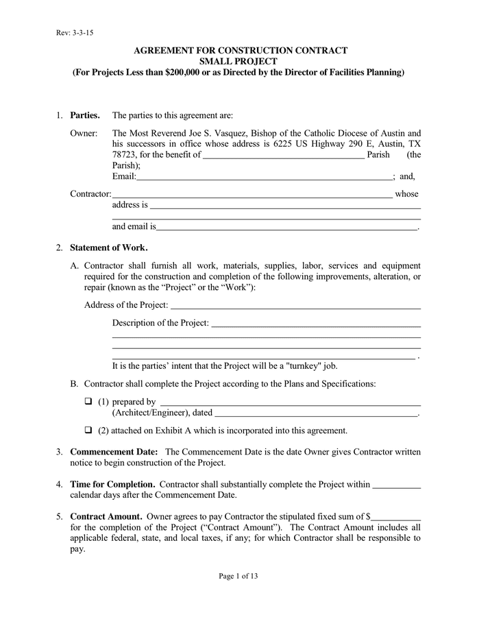 AGREEMENT FOR CONSTRUCTION CONTRACT In Word And Pdf Formats