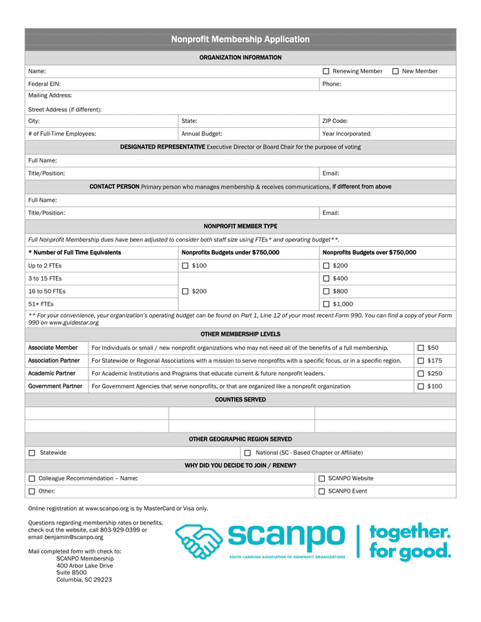Membership application form in Word and Pdf formats