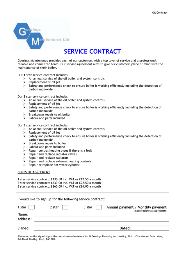 One Page Service Agreement Template