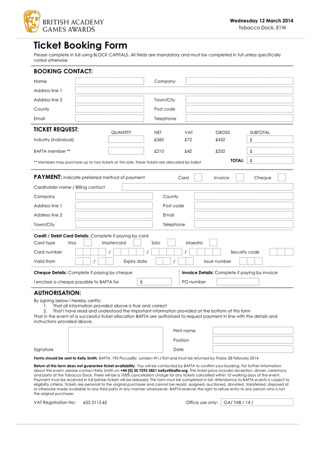 Ticket Booking Form in Word and Pdf formats