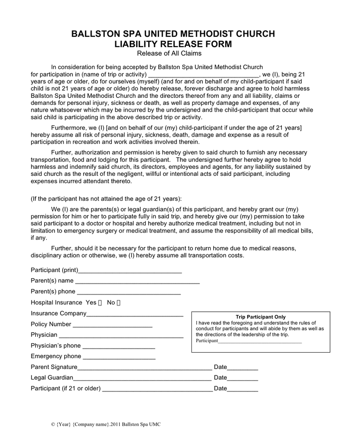 Church Liability Release Form In Word And Pdf Formats