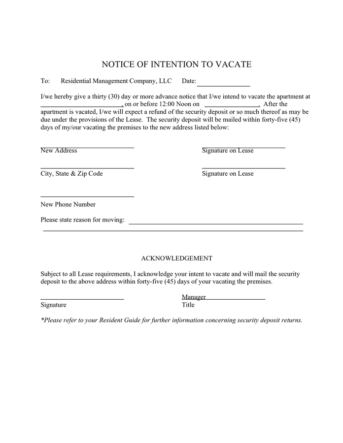 Notice Of Intent To Vacate Template In Word And Pdf Formats