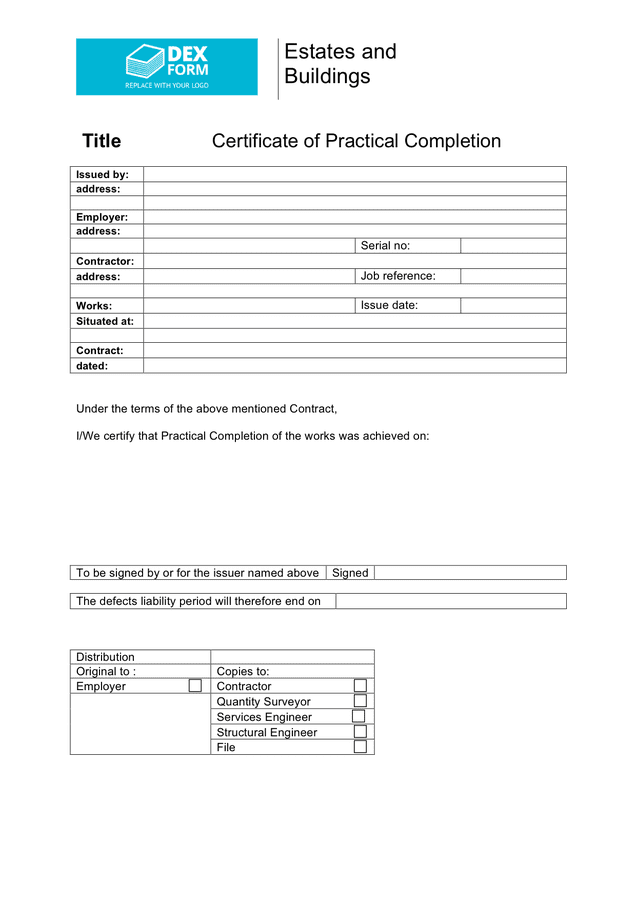 Certificate Of Practical Completion Template