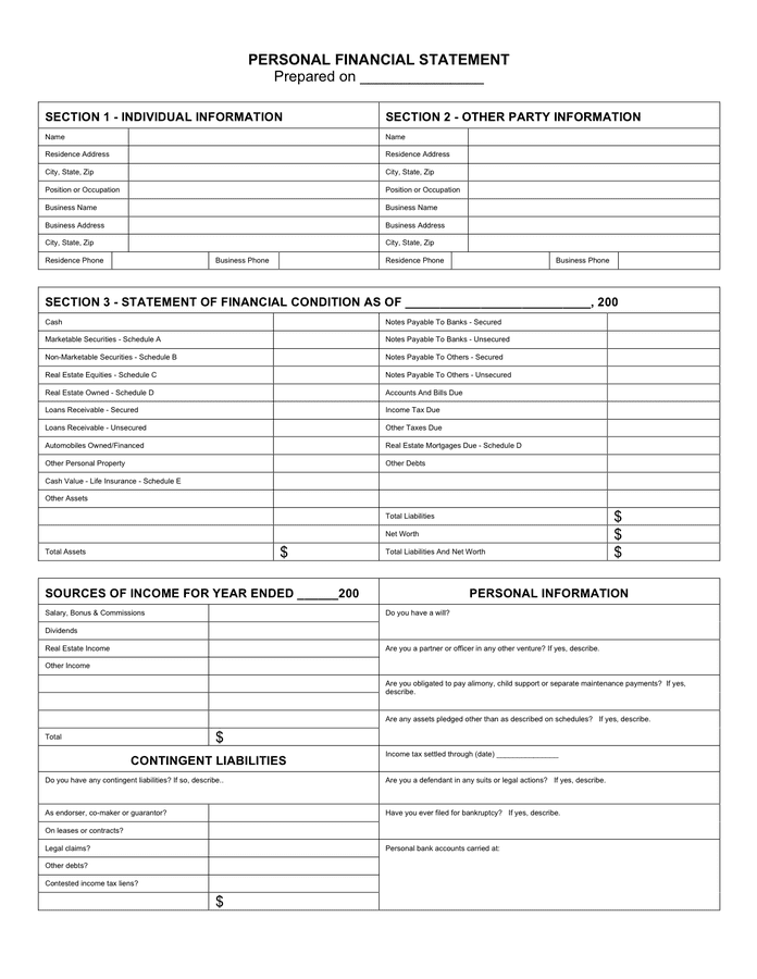 Personal financial statement format free