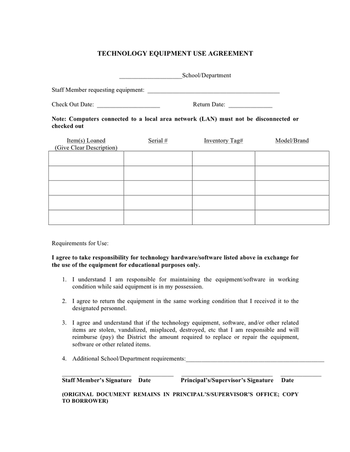 Technology equipment use agreement template in Word and Pdf formats