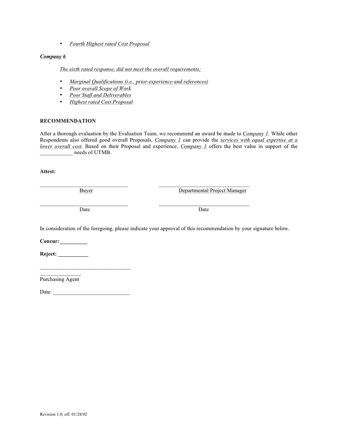 RFP Award Recommendation Memorandum In Word And Pdf Formats Page 3 Of 3