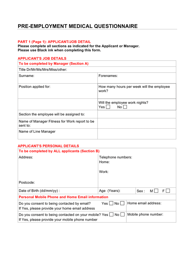 Pre Employment Medical Questionnaire Template In Word And Pdf Formats