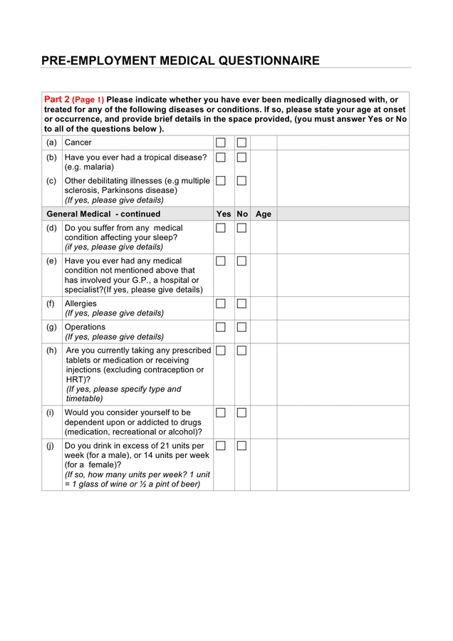 Preemployment medical questionnaire template in Word and Pdf formats