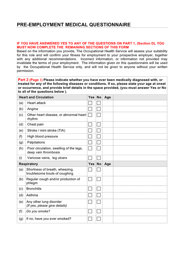 Preemployment medical questionnaire template in Word and Pdf formats